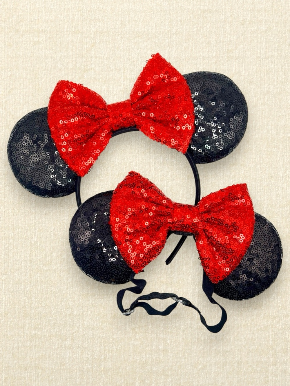 Black Sequin Red Bow Mommy & Me Minnie Ears | Disney-Inspired Mouse Headband Set